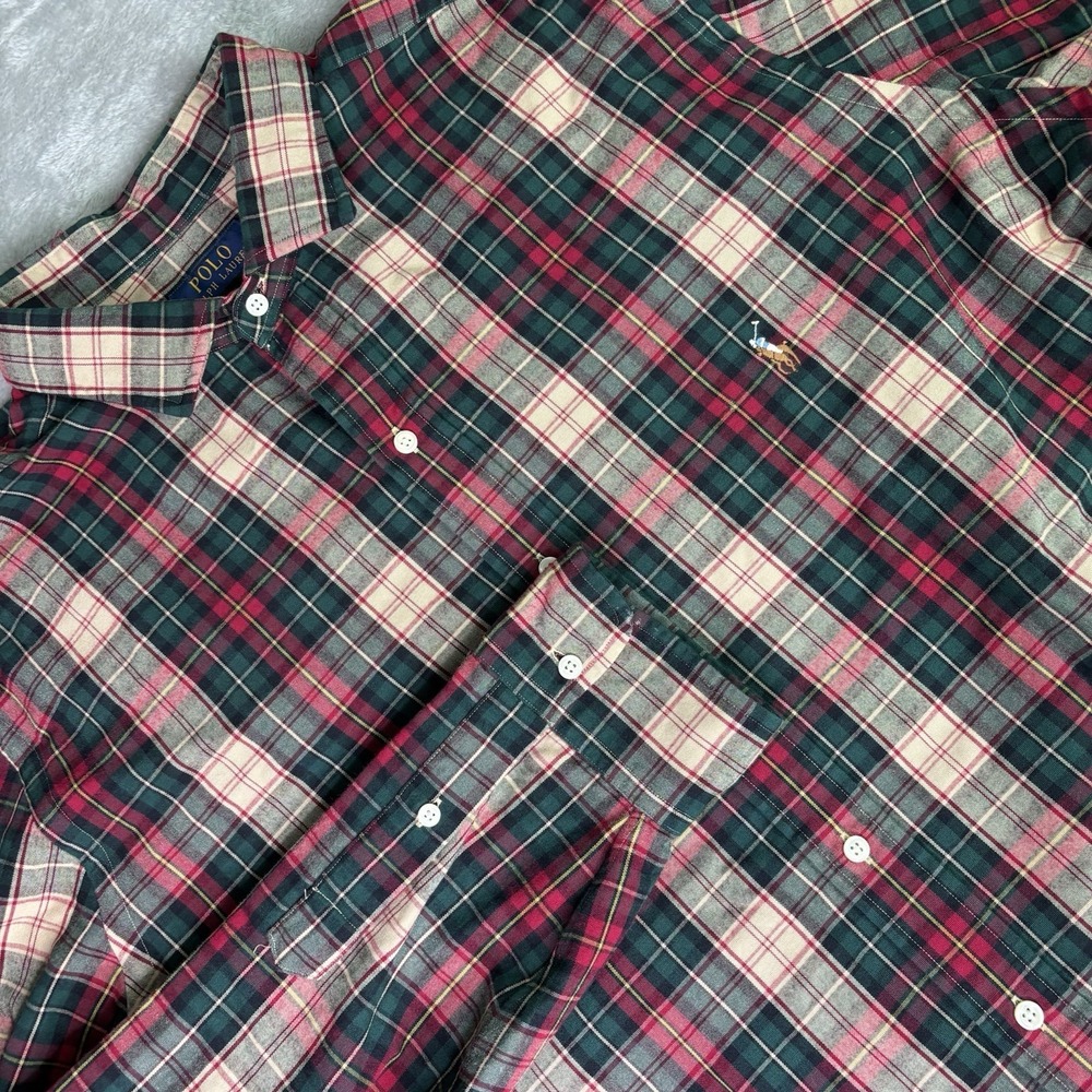 Polo Ralph Lauren Button Up Shirt Mens 2XLT Classic‎ Plaid Green Red Cotton